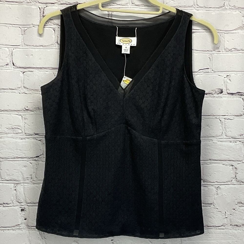 Talbots Top Women's Size 10P Black Lace Silk Sheer Trim Side Zip Business Casual